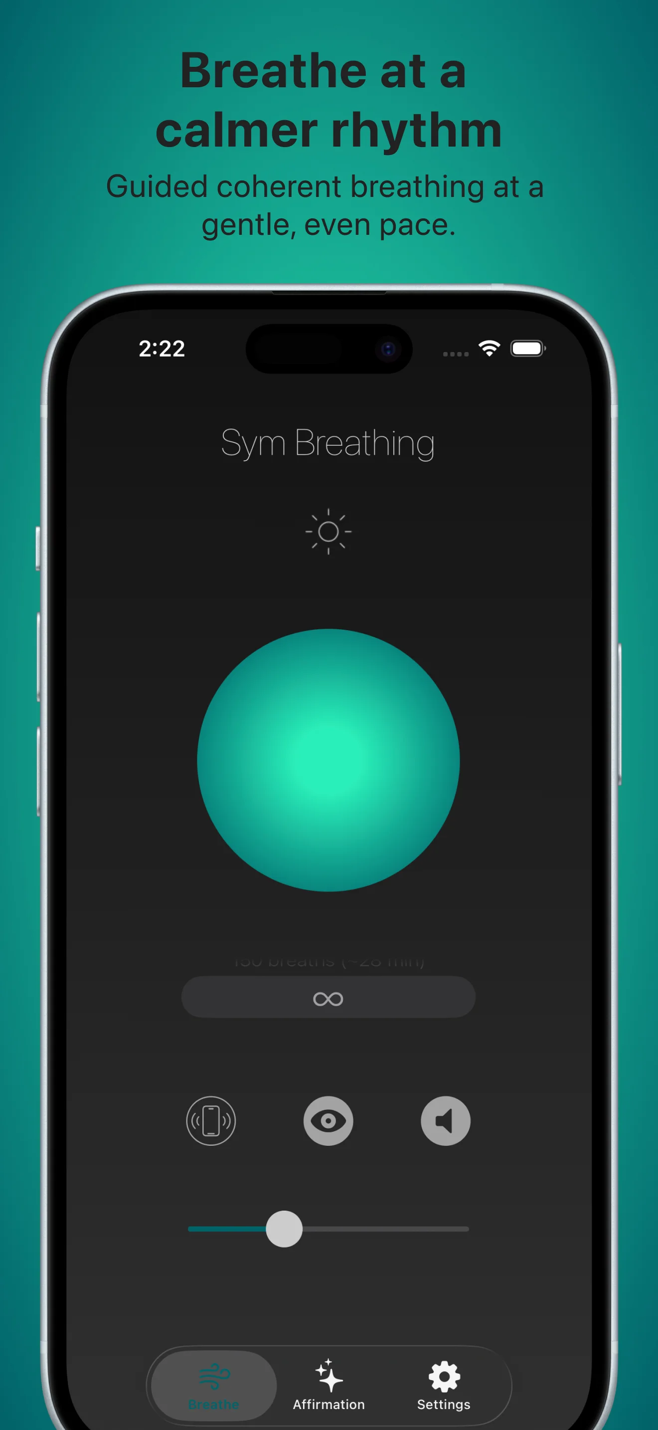 Sym Breathing app guiding a calm, even coherent breathing rhythm with an animated breathing sphere.