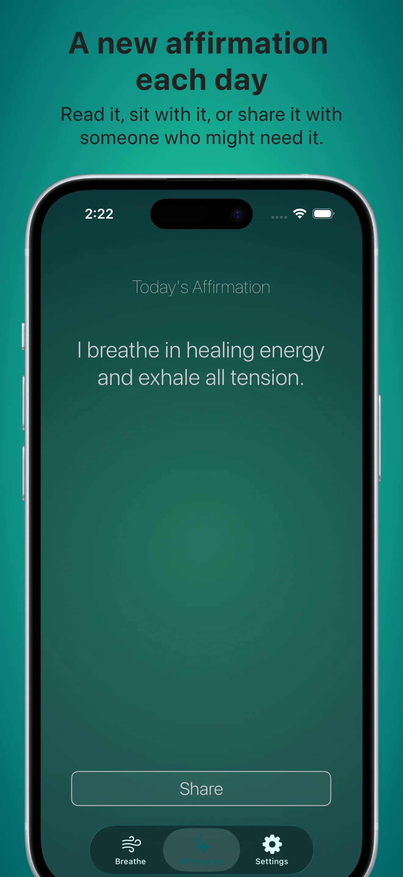 Sym Breathing app displaying a daily affirmation for mindfulness, reflection, and sharing.
