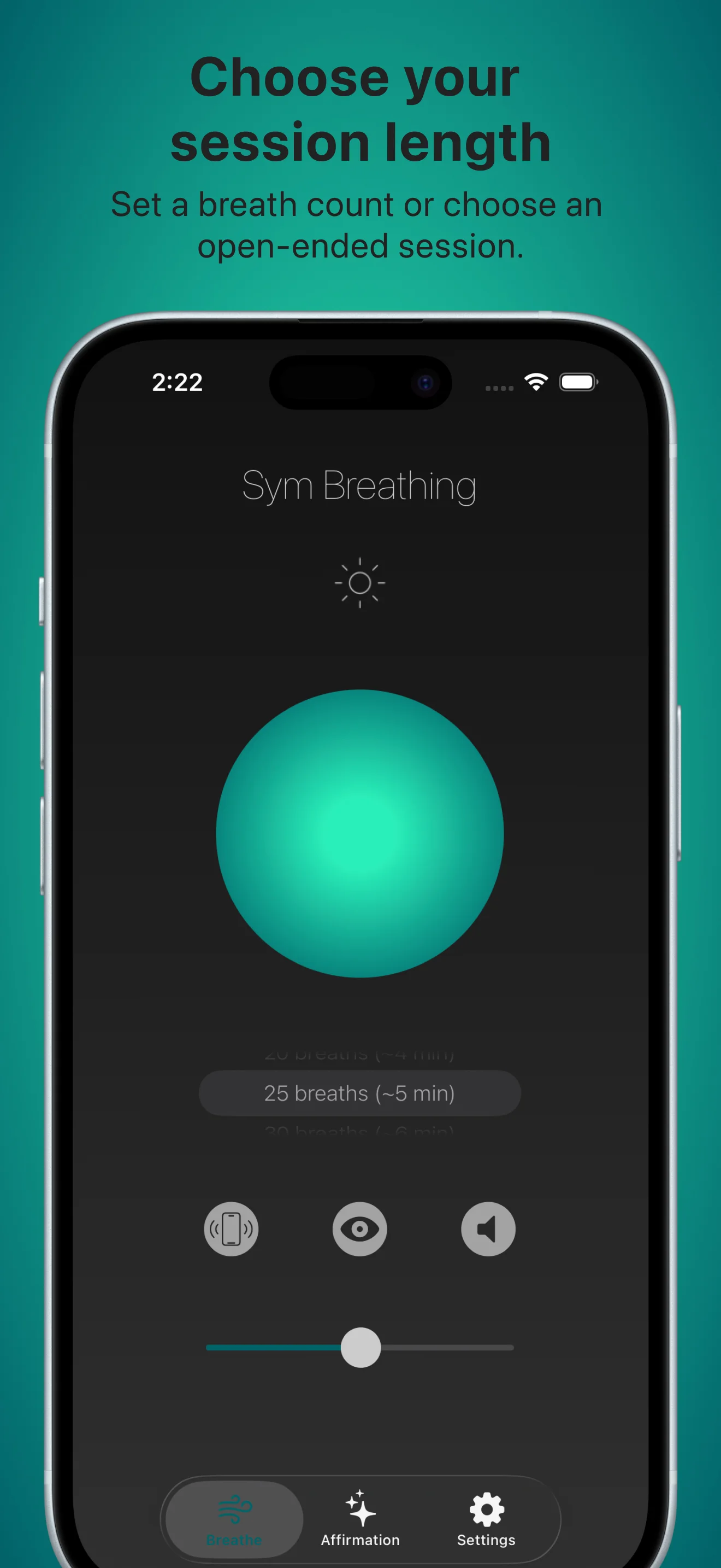 Sym Breathing app with options to choose a breath count or begin an open-ended coherent breathing session.