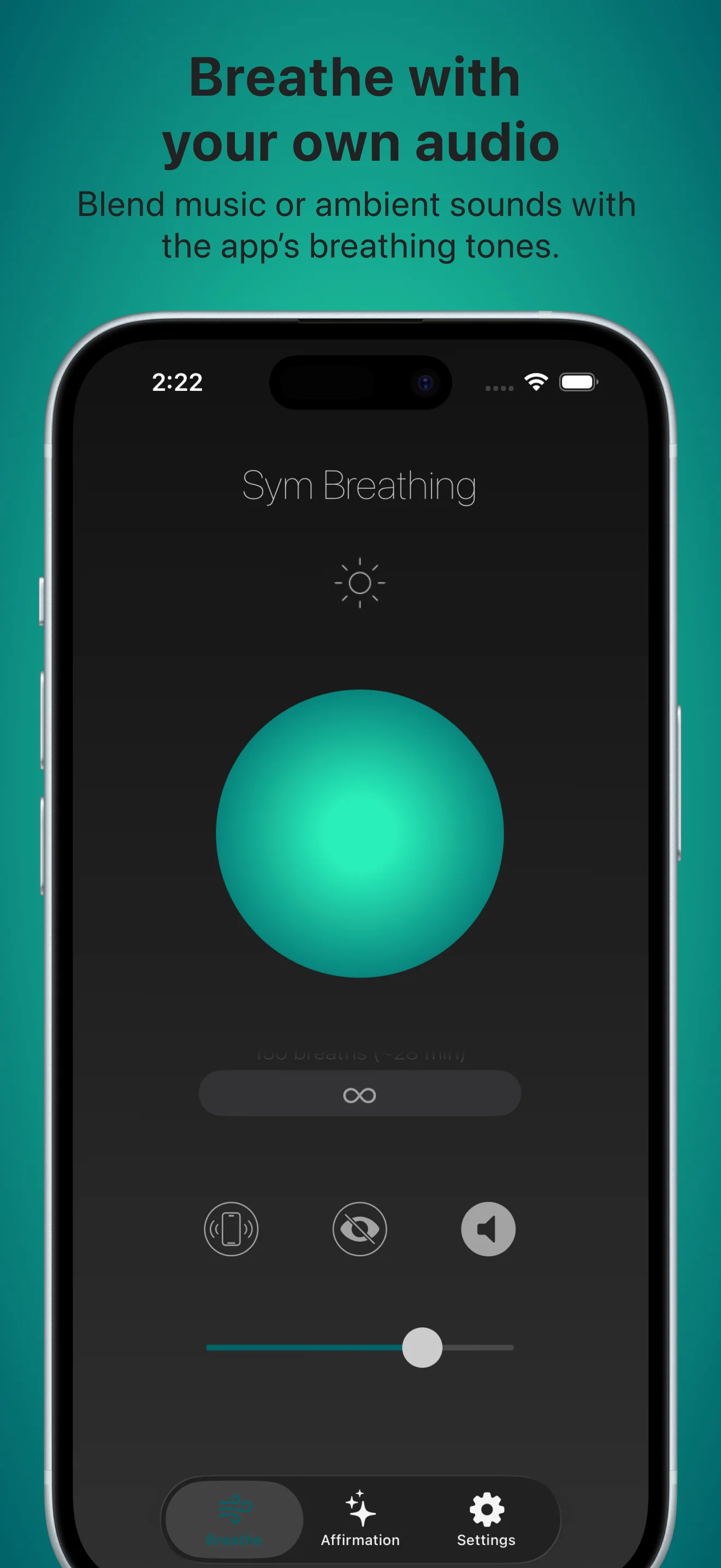 Sym Breathing app allowing users to practice coherent breathing while listening to their own music or ambient audio.