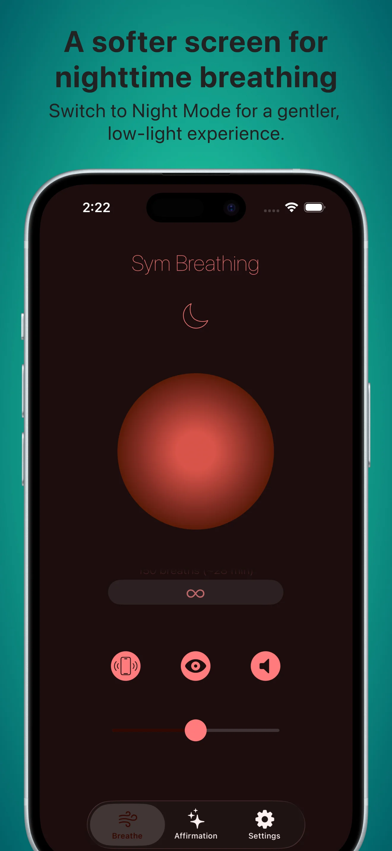 Sym Breathing Night Mode with a softer, low-light interface for nighttime breathing sessions.