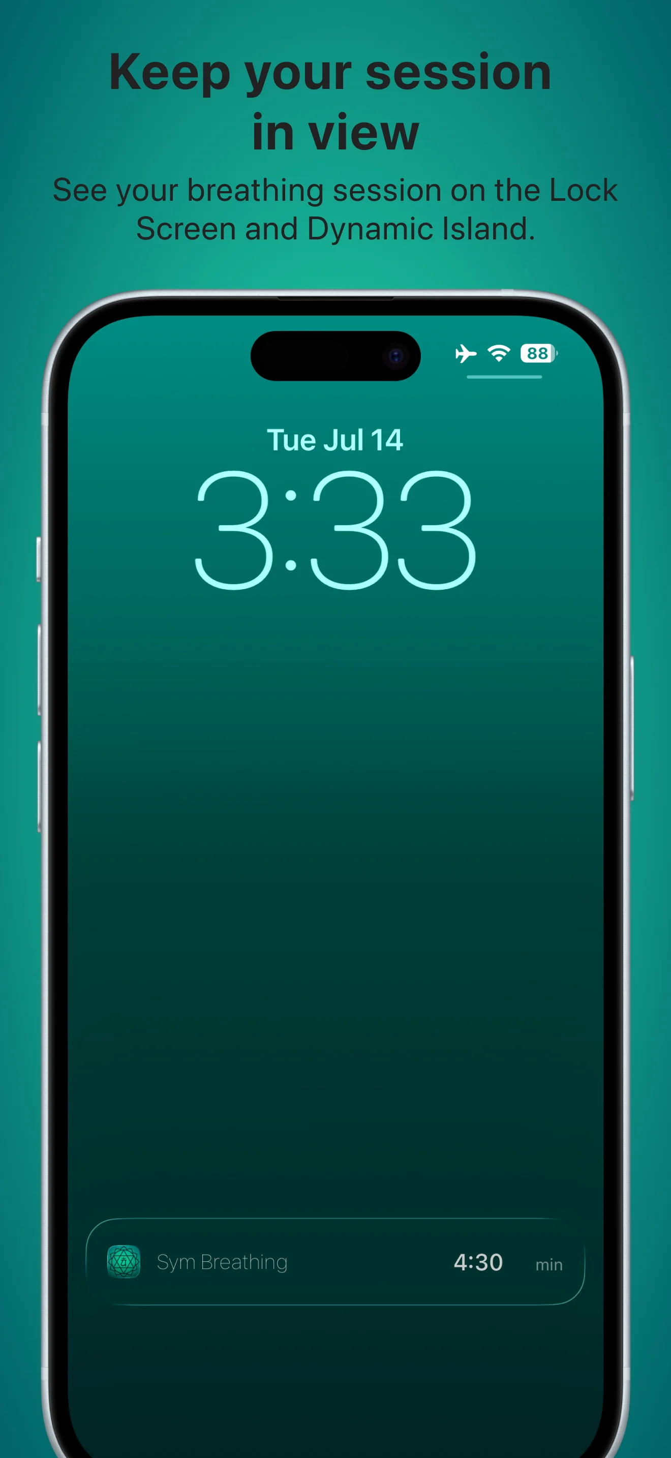 Sym Breathing Live Activity showing an active breathing session on the iPhone Lock Screen and Dynamic Island.