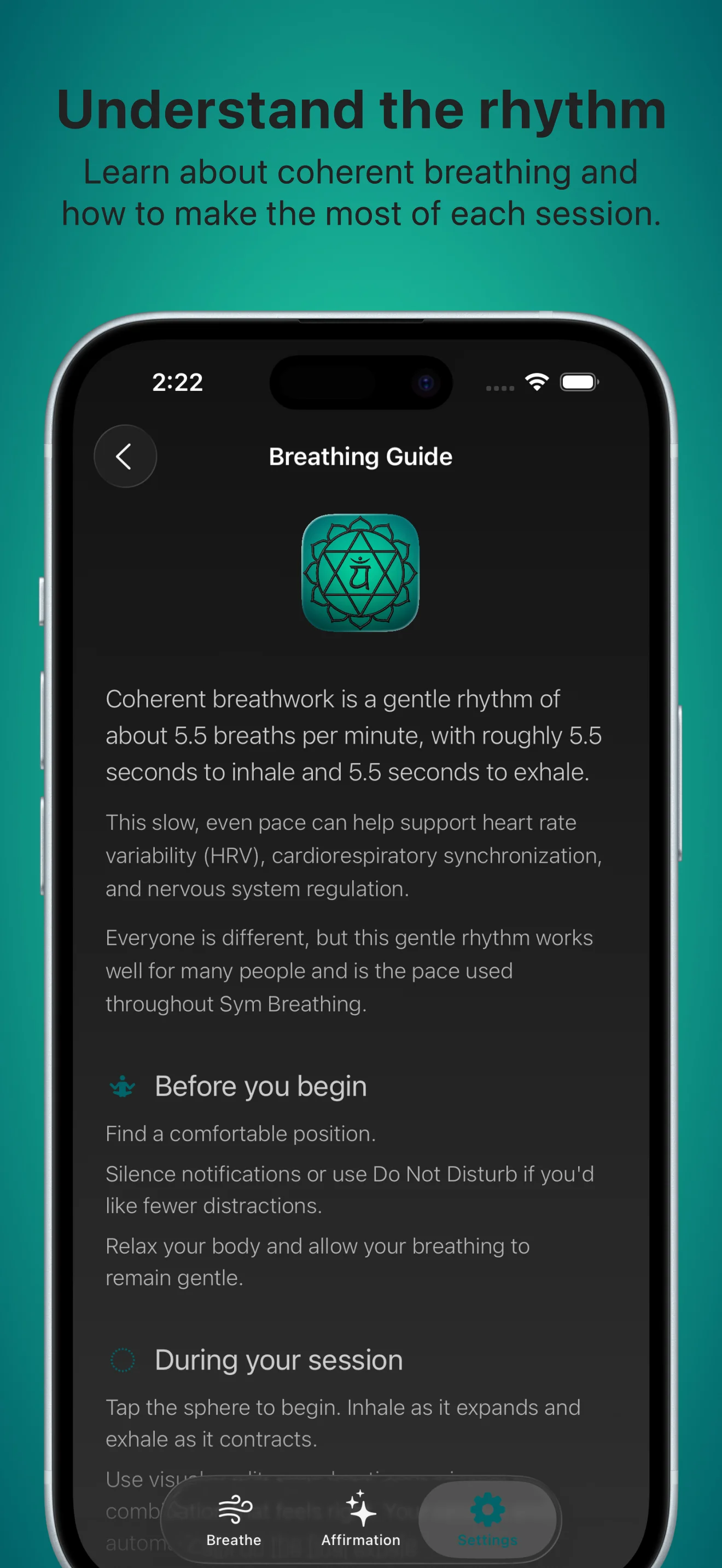 Sym Breathing in-app guide explaining coherent breathing, heart rate variability, and how to practice a breathing session.